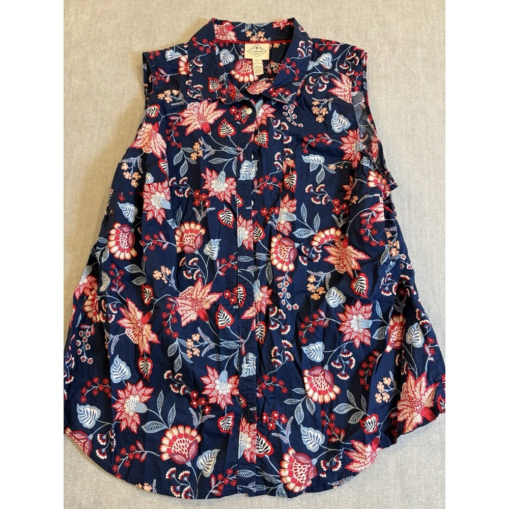 St Johns Bay Navy Red Floral Tank Top Button Women's Size 2XL Pocket